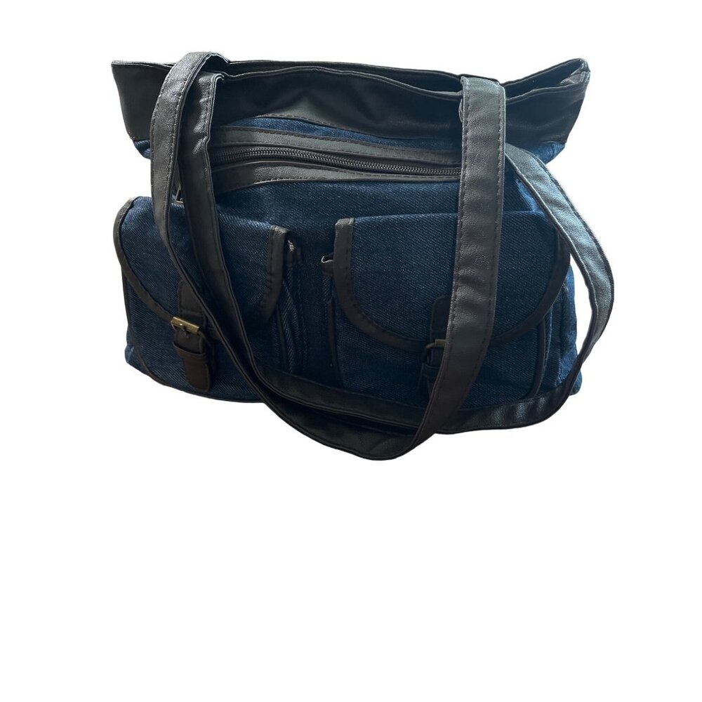 Gold Coast denim and brown two handle shoulder bag